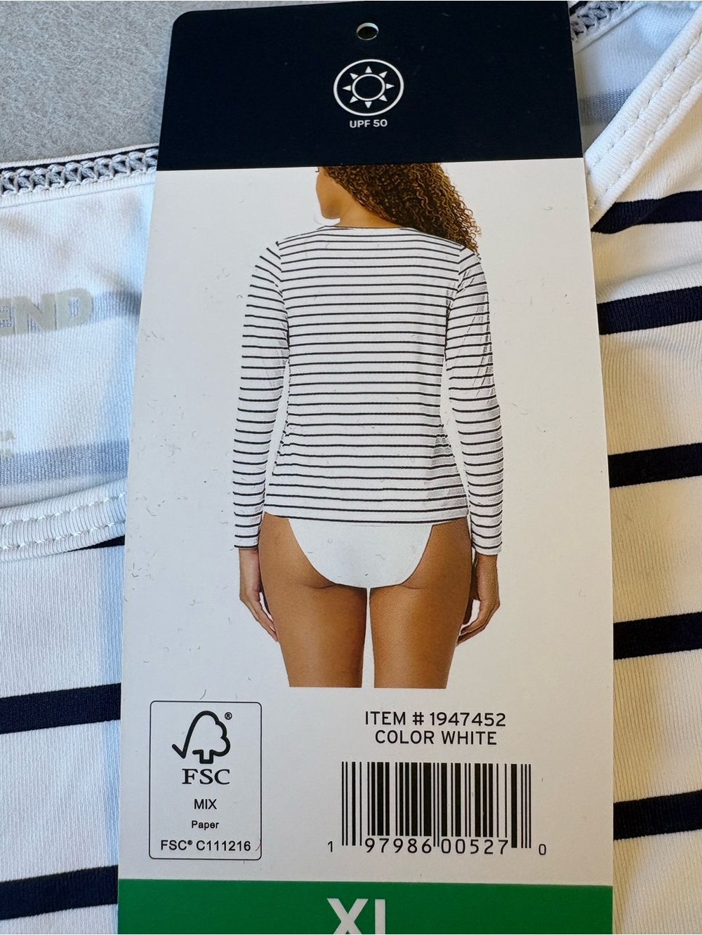 Lands' End Women’s White Navy Striped Long Sleeve Rashguard UPF 50 Sz XL NWOT - Picture 5 of 8